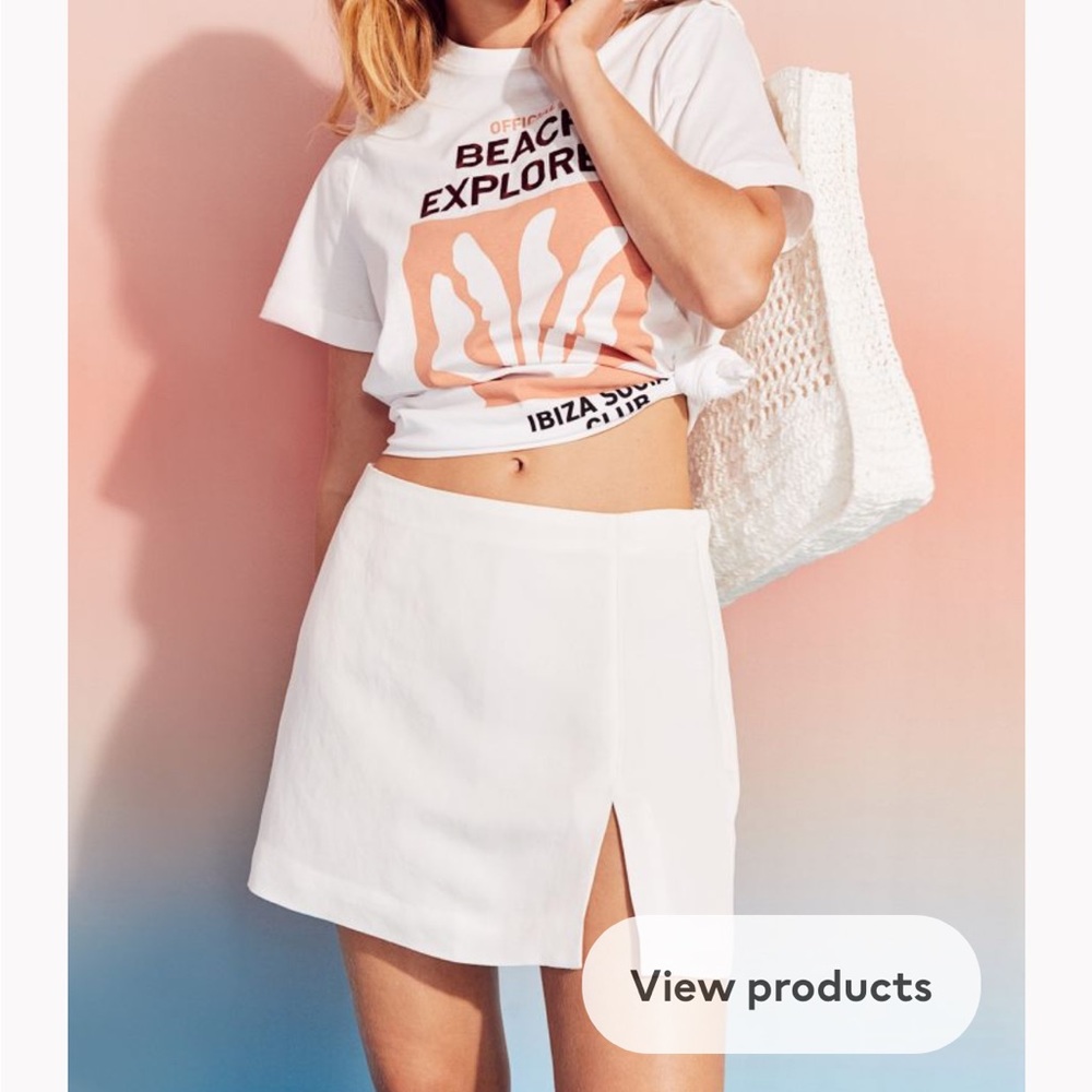 Short White Linen Blend Skirt with Slit